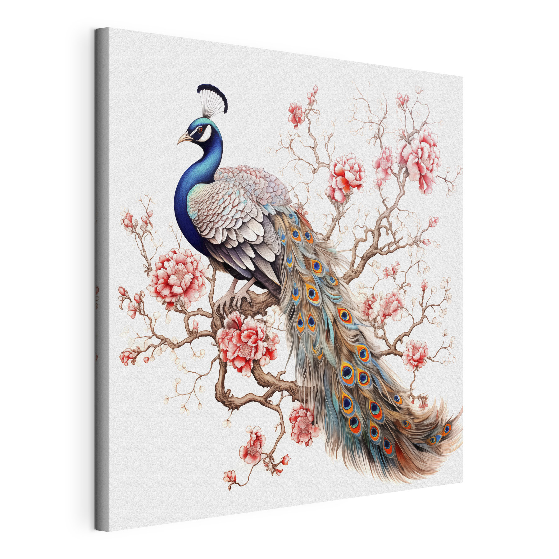 Peacock on a tree branch with pink flowers Peacock on a tree branch with pink flowers