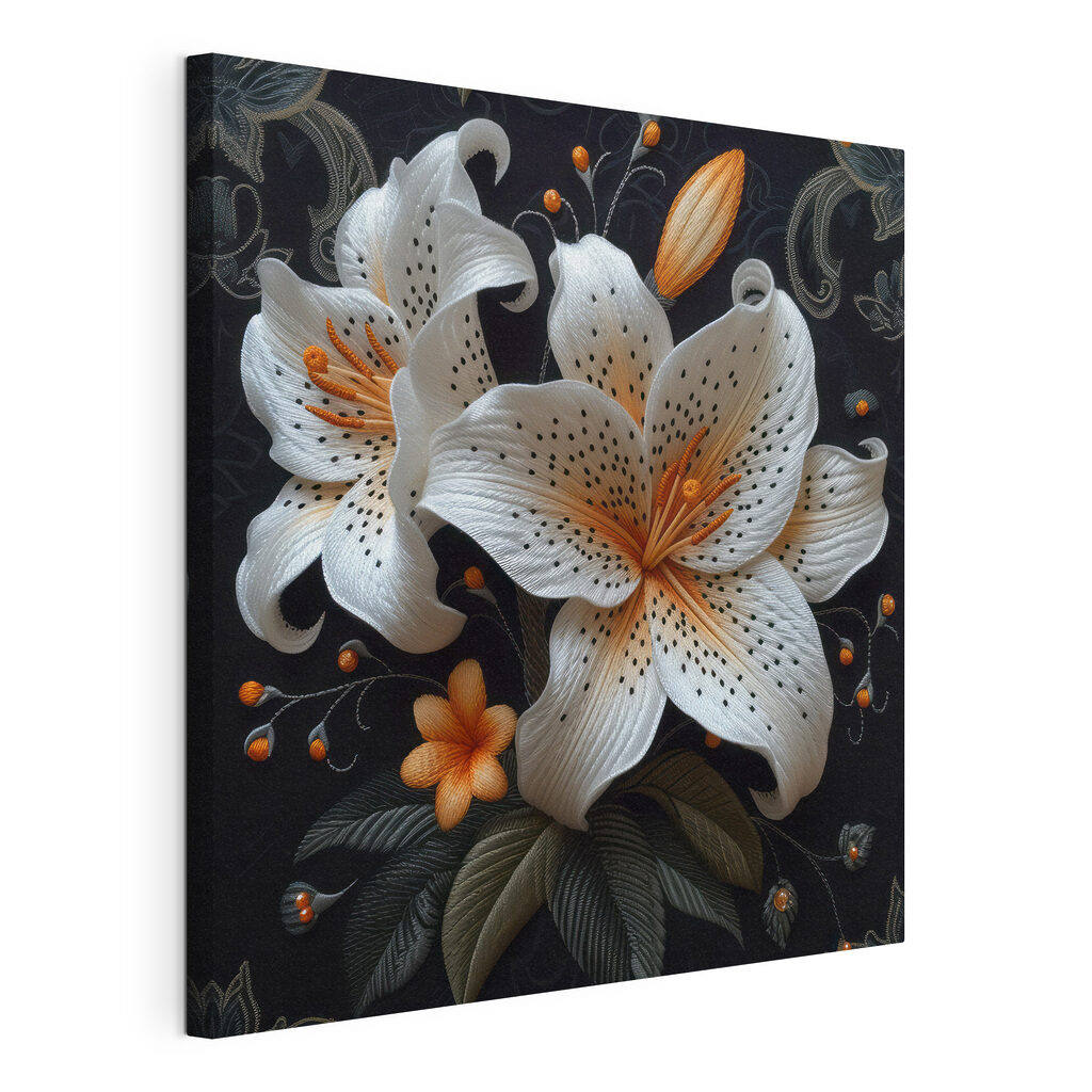 White and orange flowers on a black background