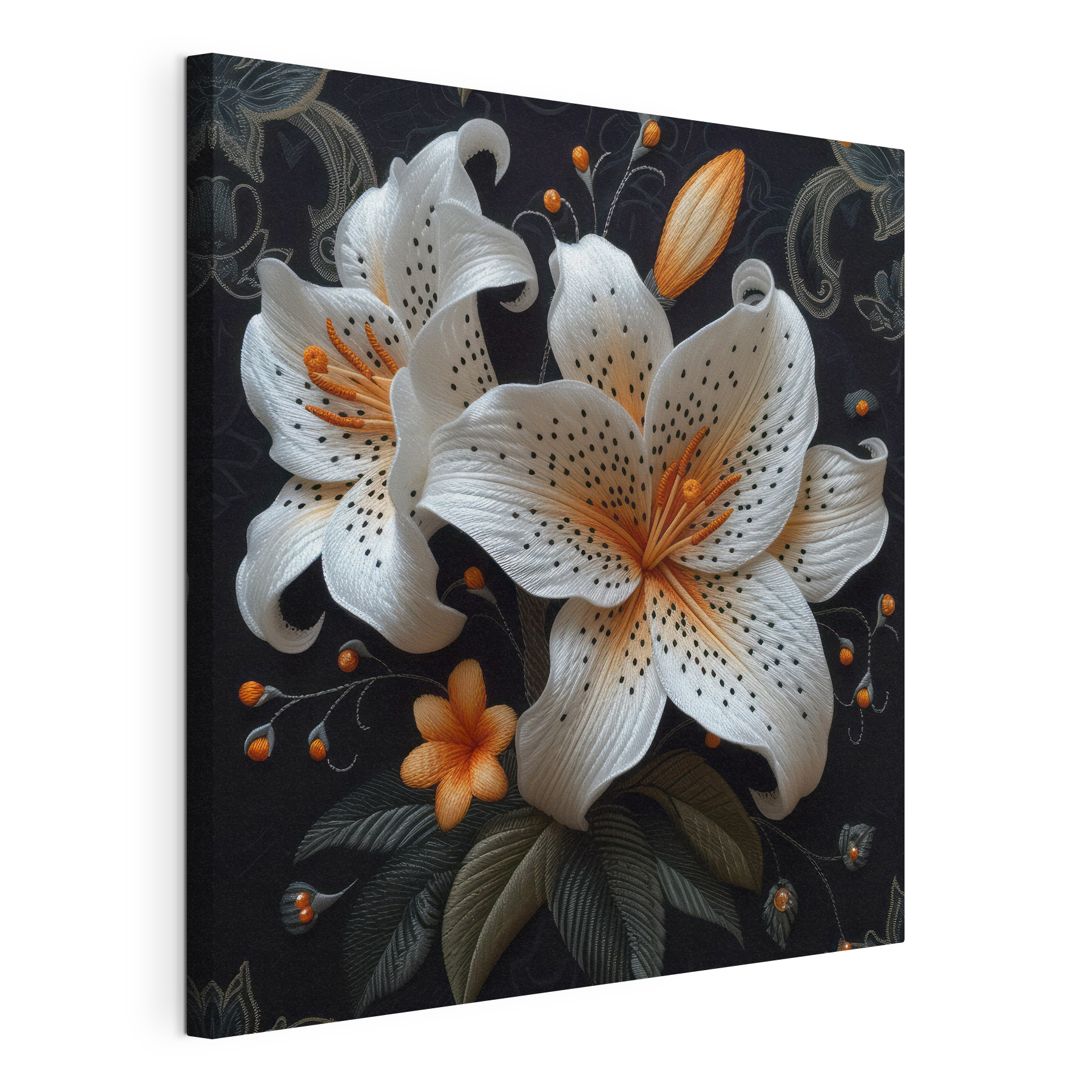 White and orange flowers on a black background