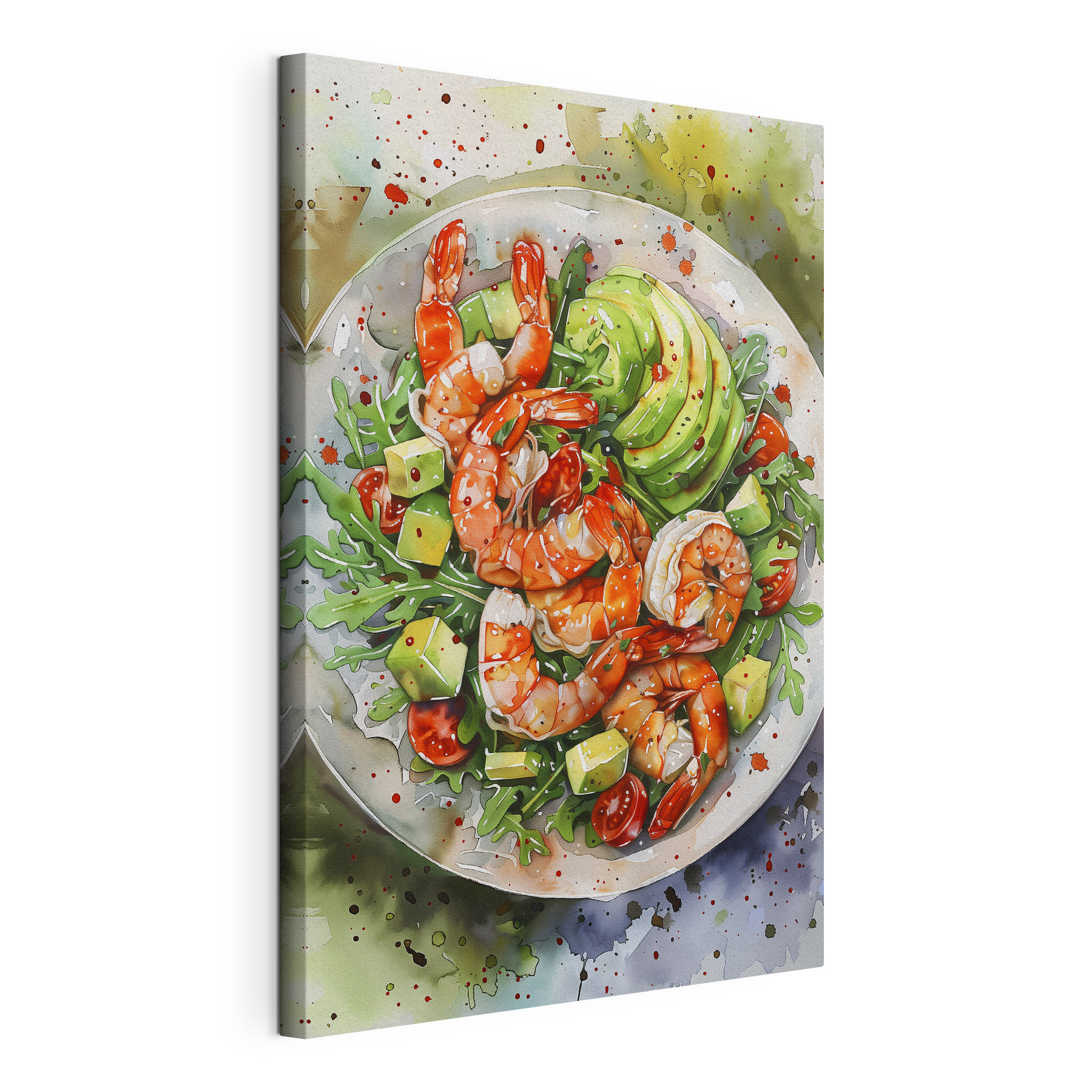 Watercolor painting of a plate of shrimp and avocado Watercolor painting of a plate of shrimp and avocado