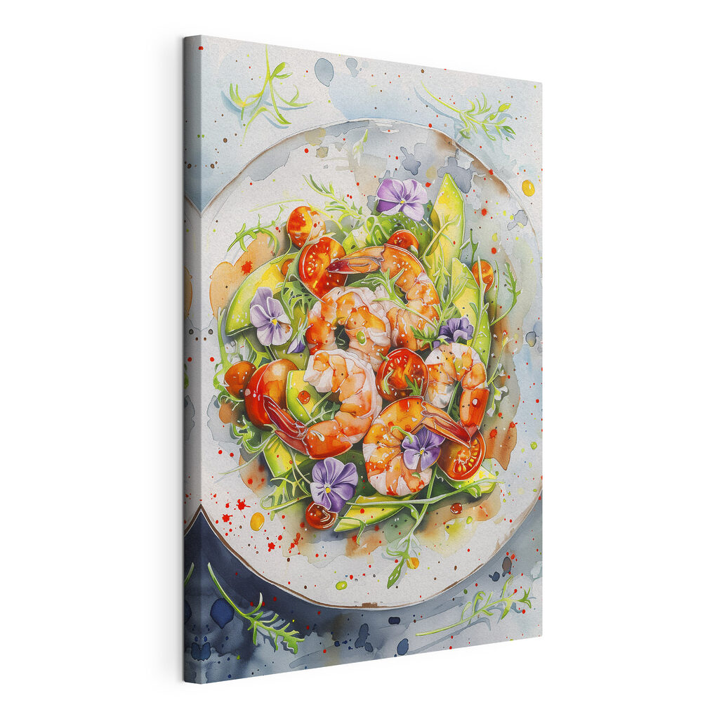 Watercolor painting of a plate of shrimp and avocado