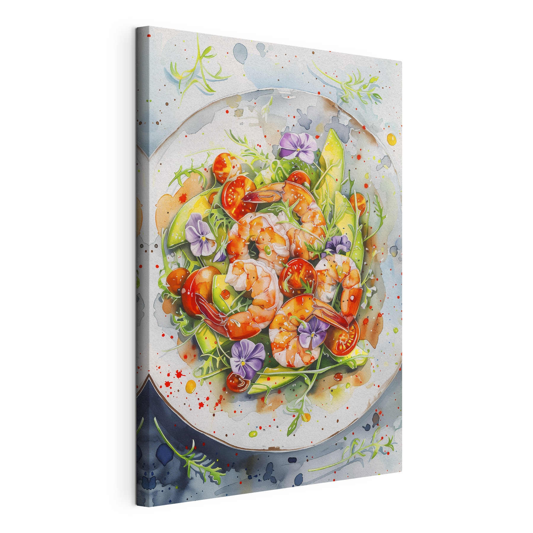 Watercolor painting of a plate of shrimp and avocado