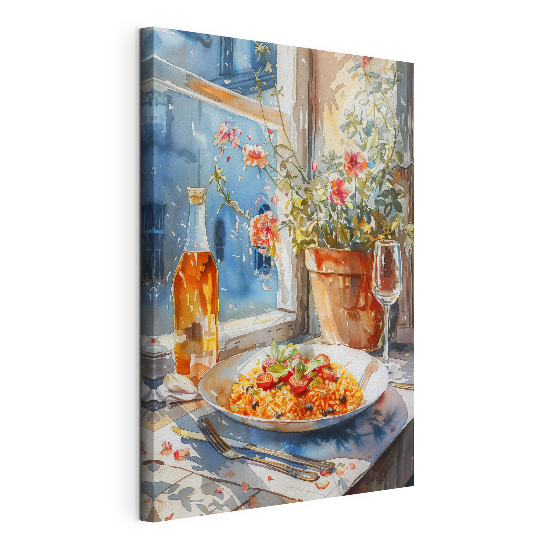 Watercolor painting of food on a table next to a window Watercolor painting of food on a table next to a window