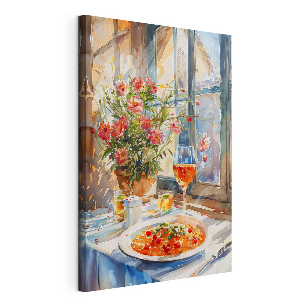 Watercolor painting of a table with food and flowers Watercolor painting of a table with food and flowers