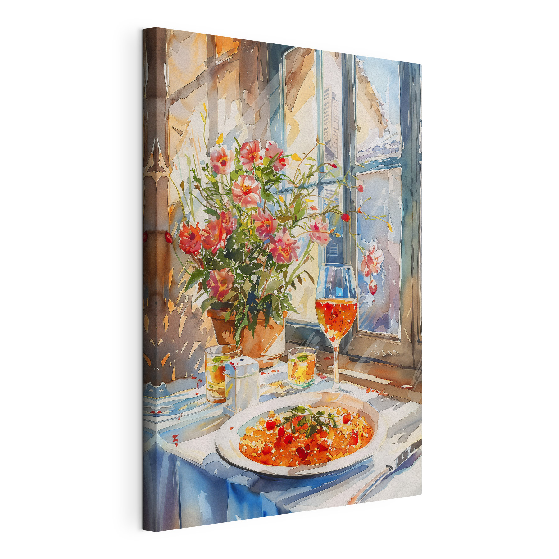 Watercolor painting of a table with food and flowers Watercolor painting of a table with food and flowers