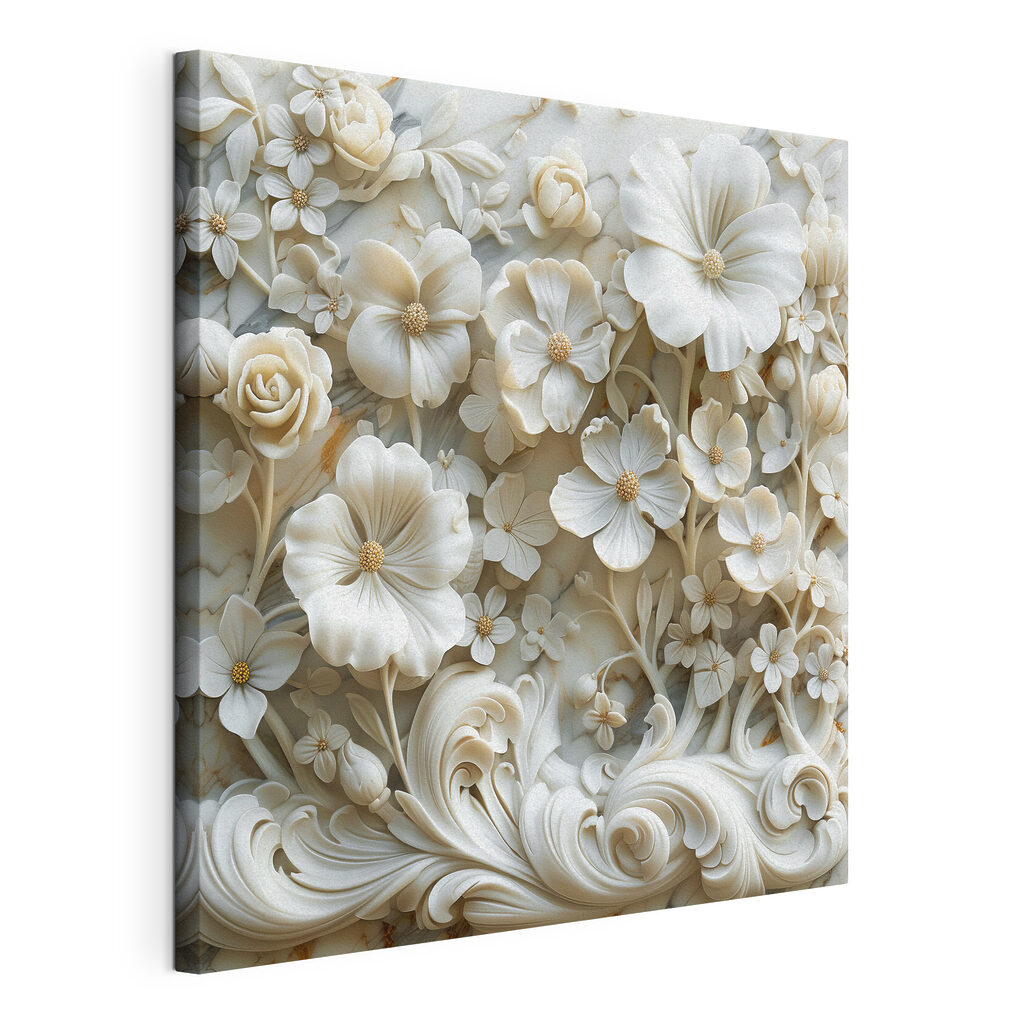 White floral design on a marble surface