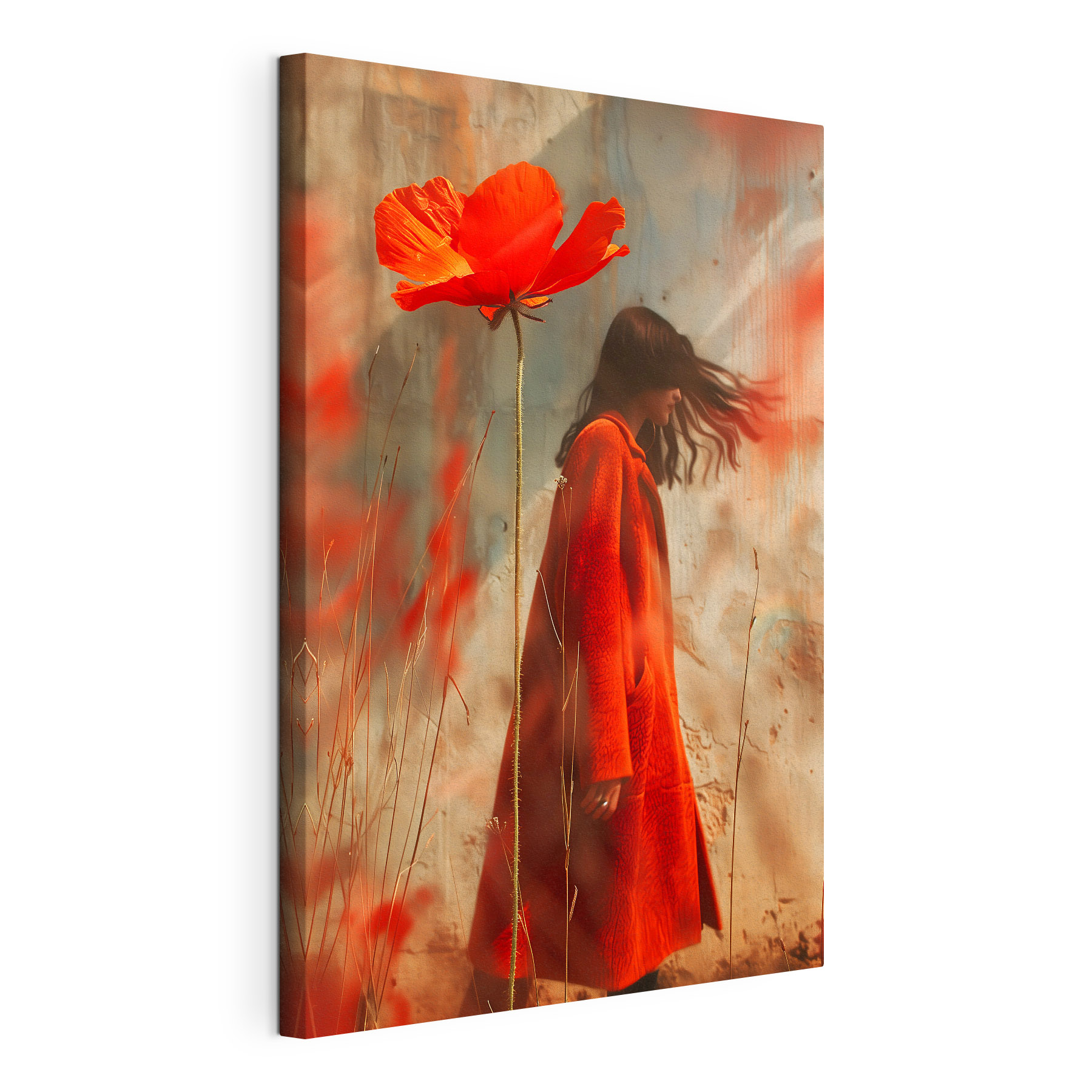 Woman in a red coat and a large flower Woman in a red coat and a large flower