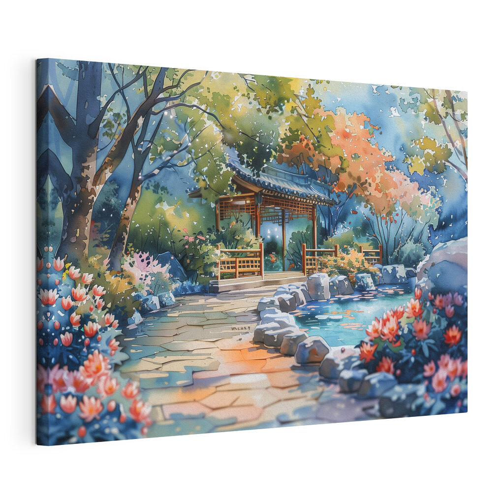 Watercolor painting of a path with a bridge and trees Watercolor painting of a path with a bridge and trees