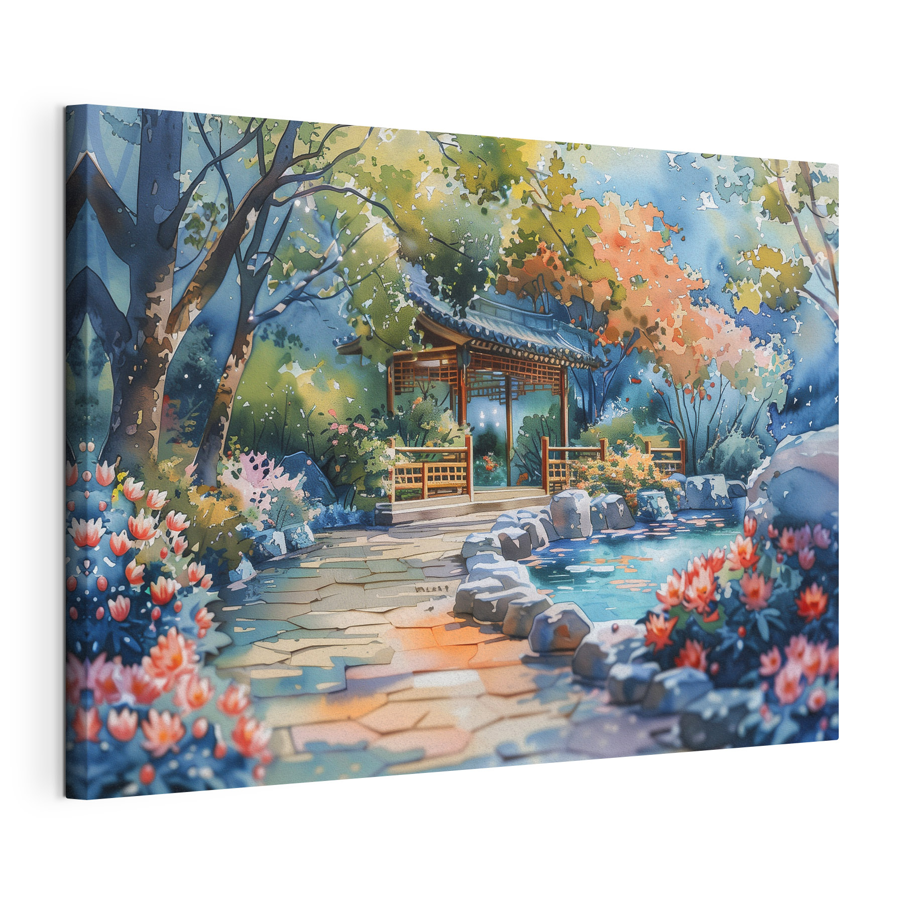 Watercolor painting of a path with a bridge and trees Watercolor painting of a path with a bridge and trees