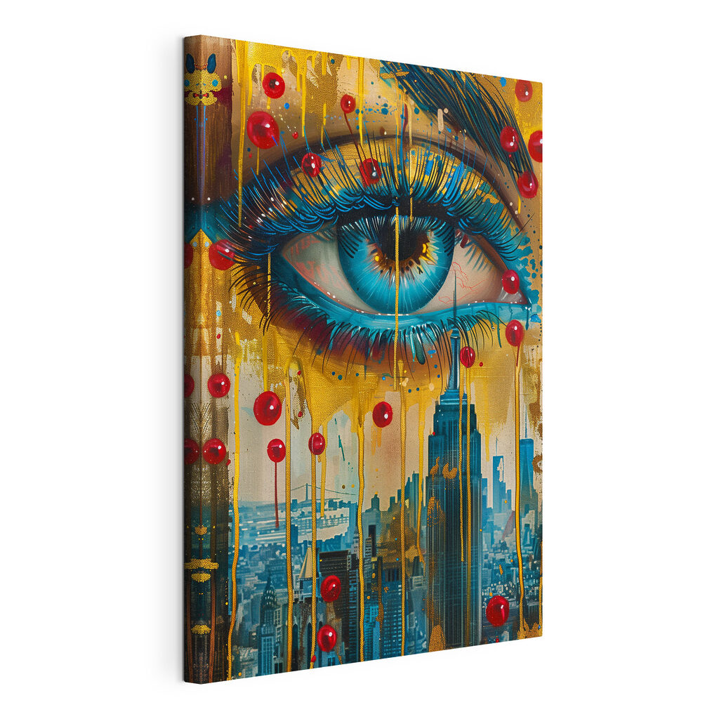 Painting of a woman's eye and cityscape
