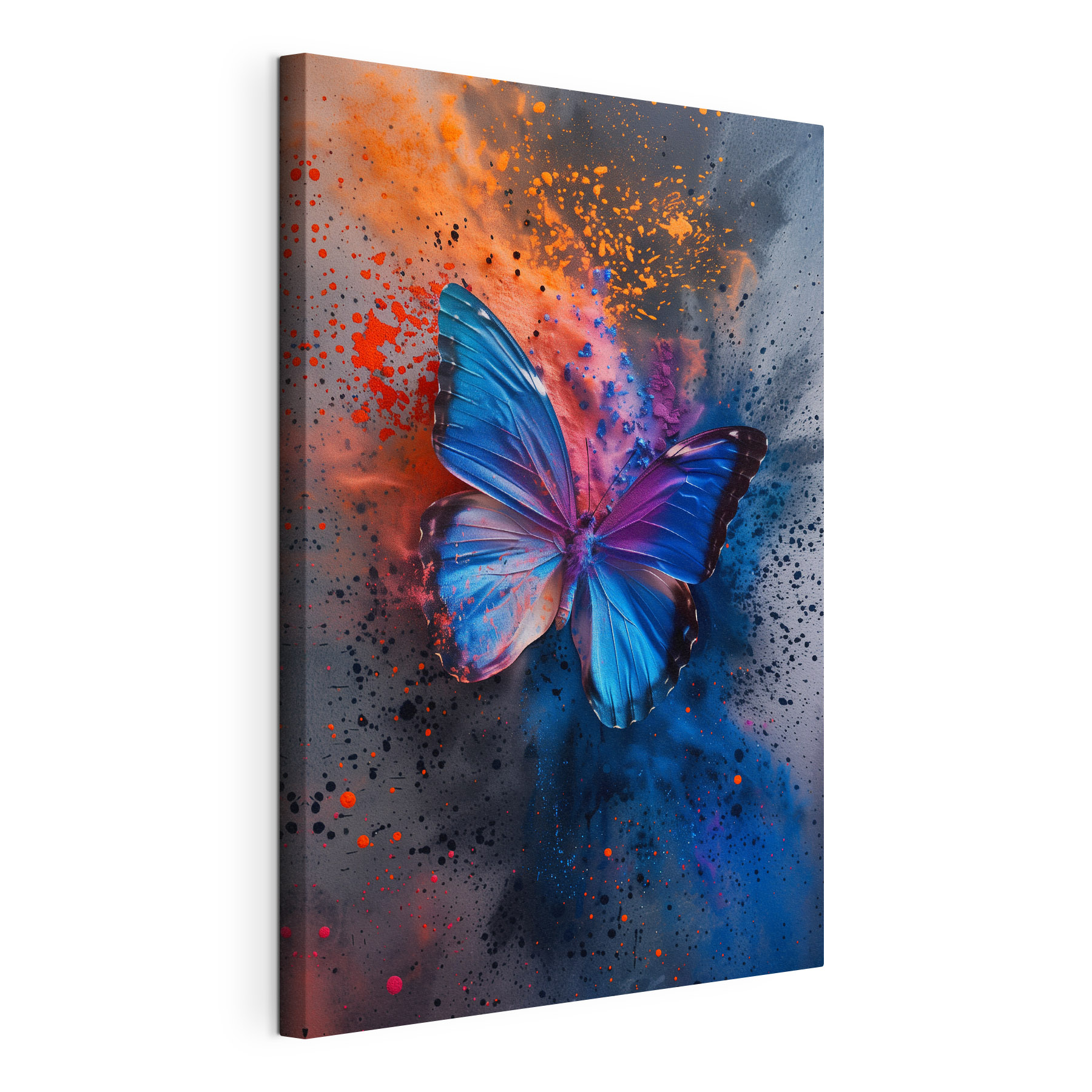 Butterfly with blue wings and colorful paint splashes Butterfly with blue wings and colorful paint splashes