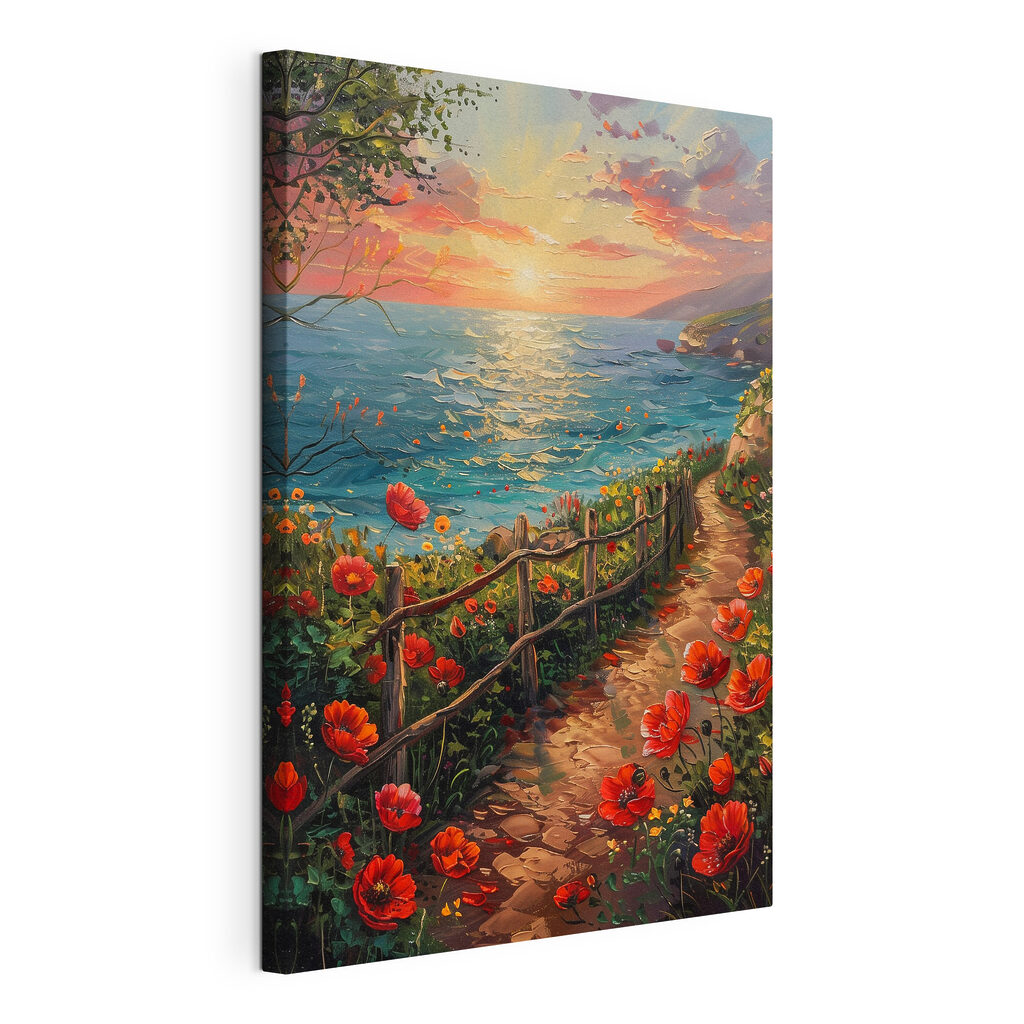 Painting of a path by the water with flowers Painting of a path by the water with flowers