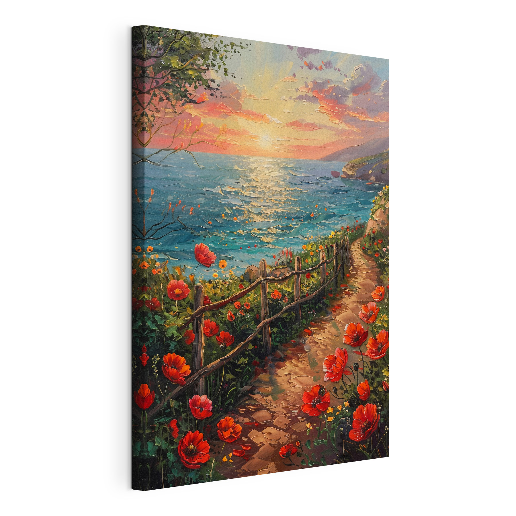 Painting of a path by the water with flowers Painting of a path by the water with flowers