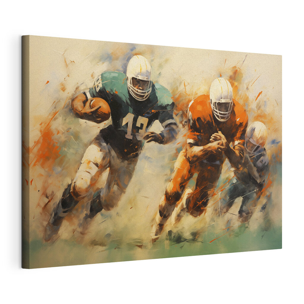 Painting of football players running with the ball
