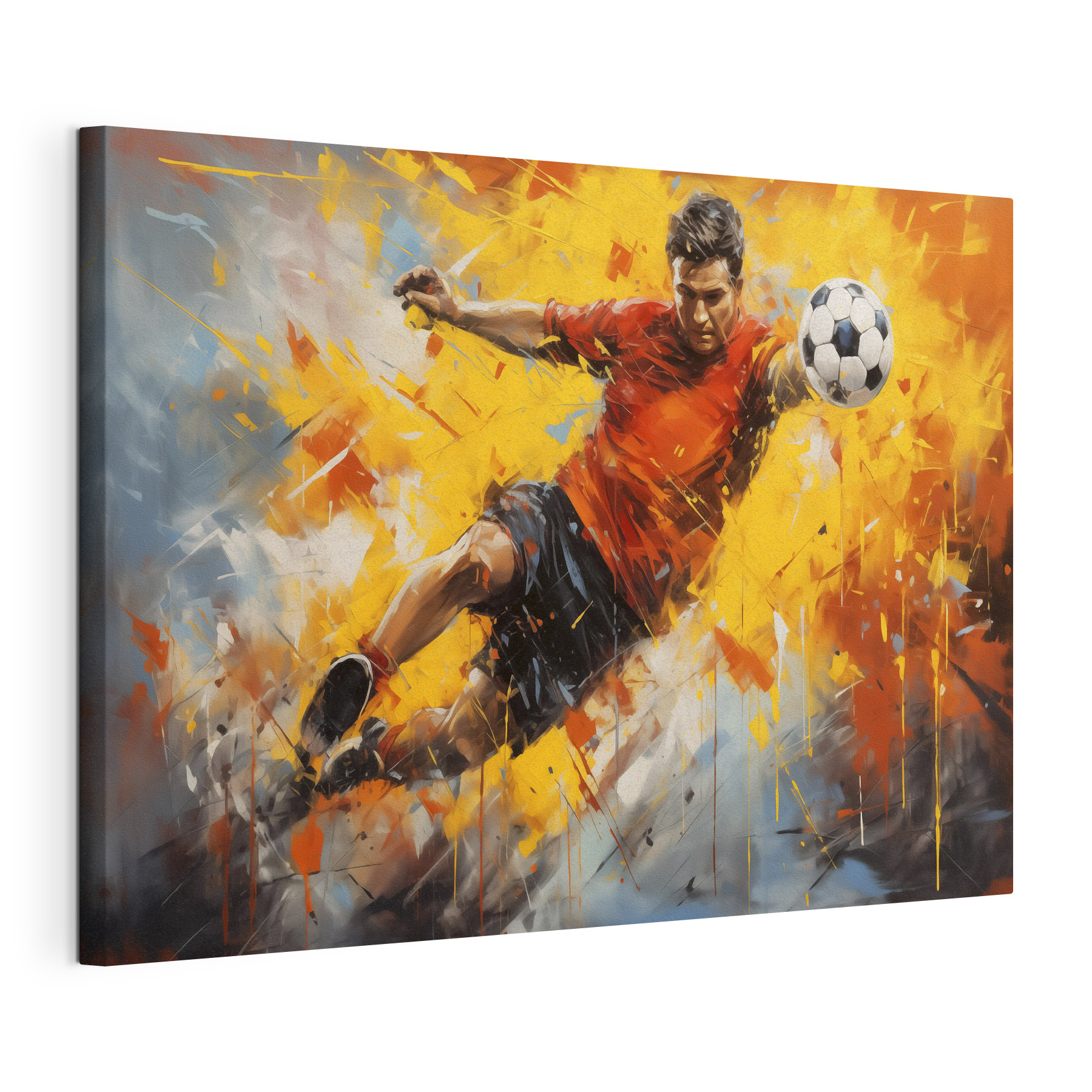 Man in a red shirt kicking a football ball