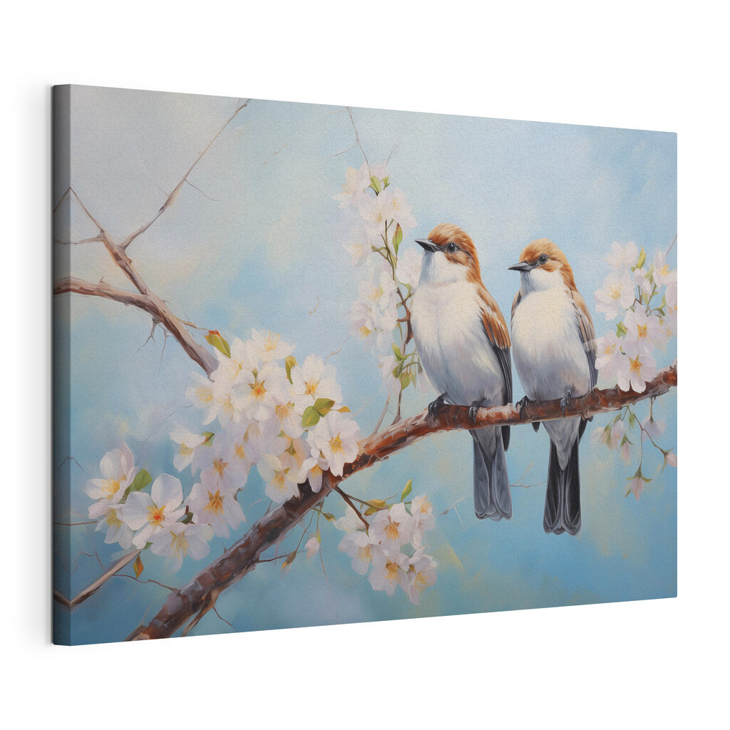 Two birds on a branch with white flowers