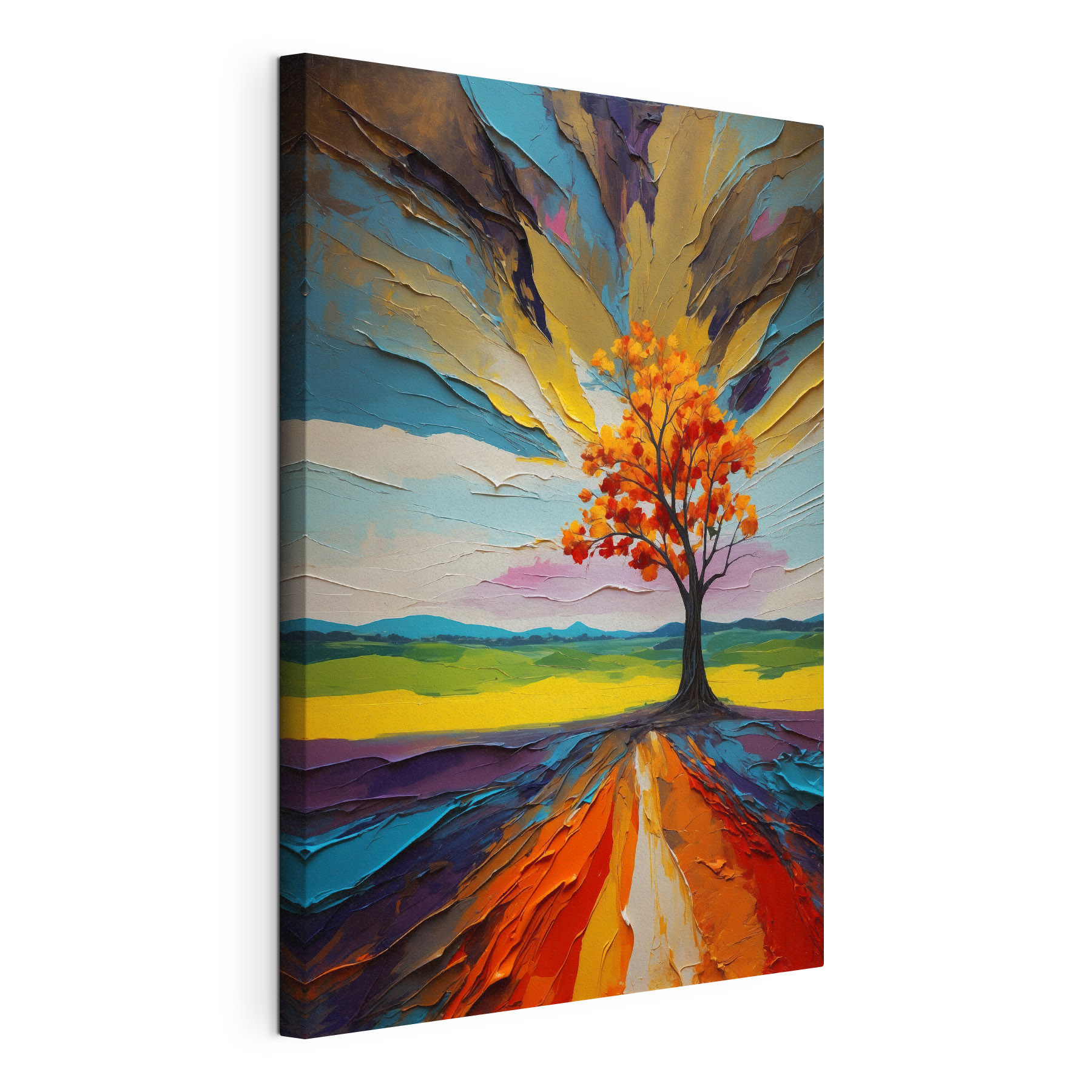 Tree with orange leaves and a colorful landscape Tree with orange leaves and a colorful landscape