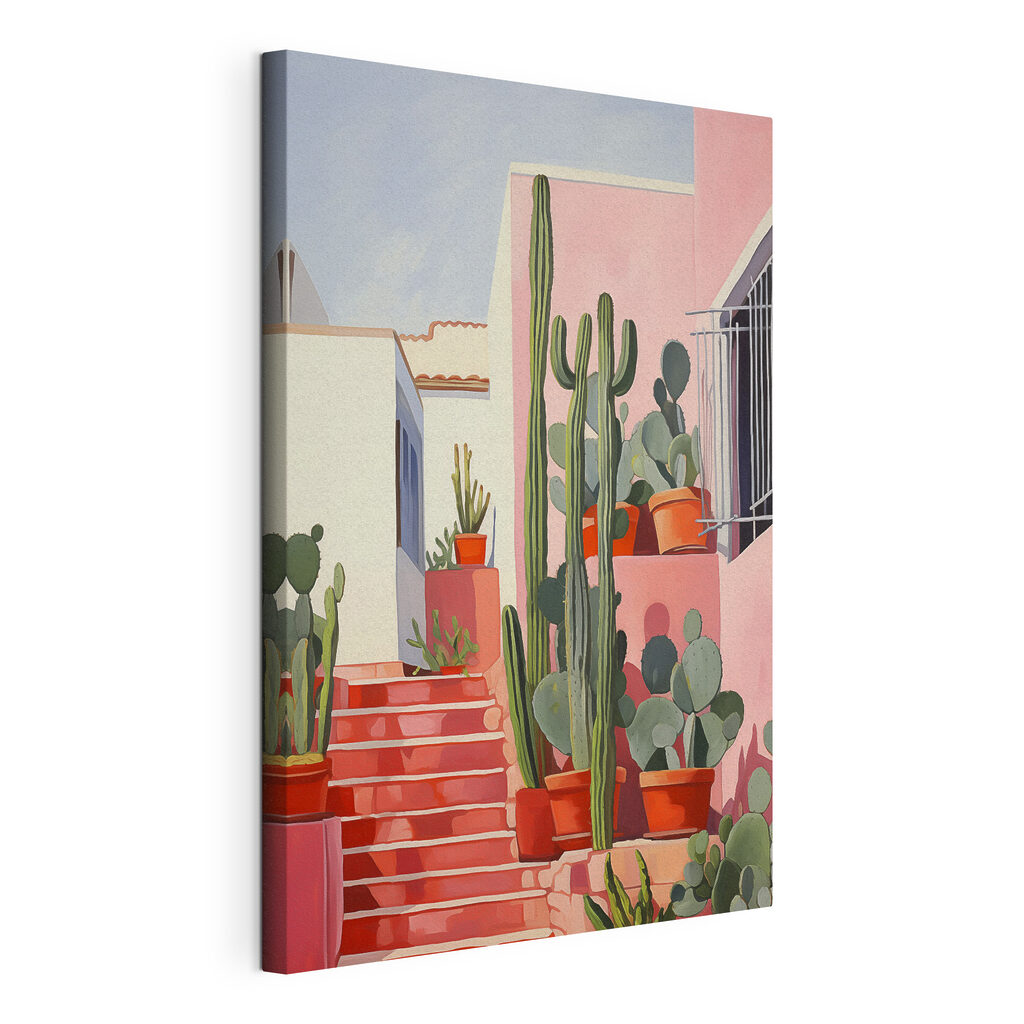Painting of a pink house with cactuses Painting of a pink house with cactuses