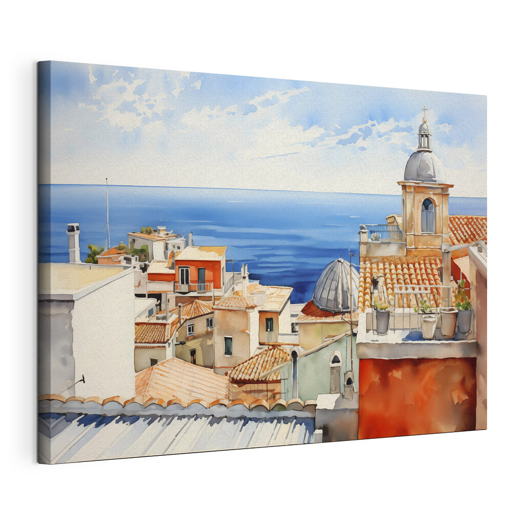 Watercolor of a city with a large body of water