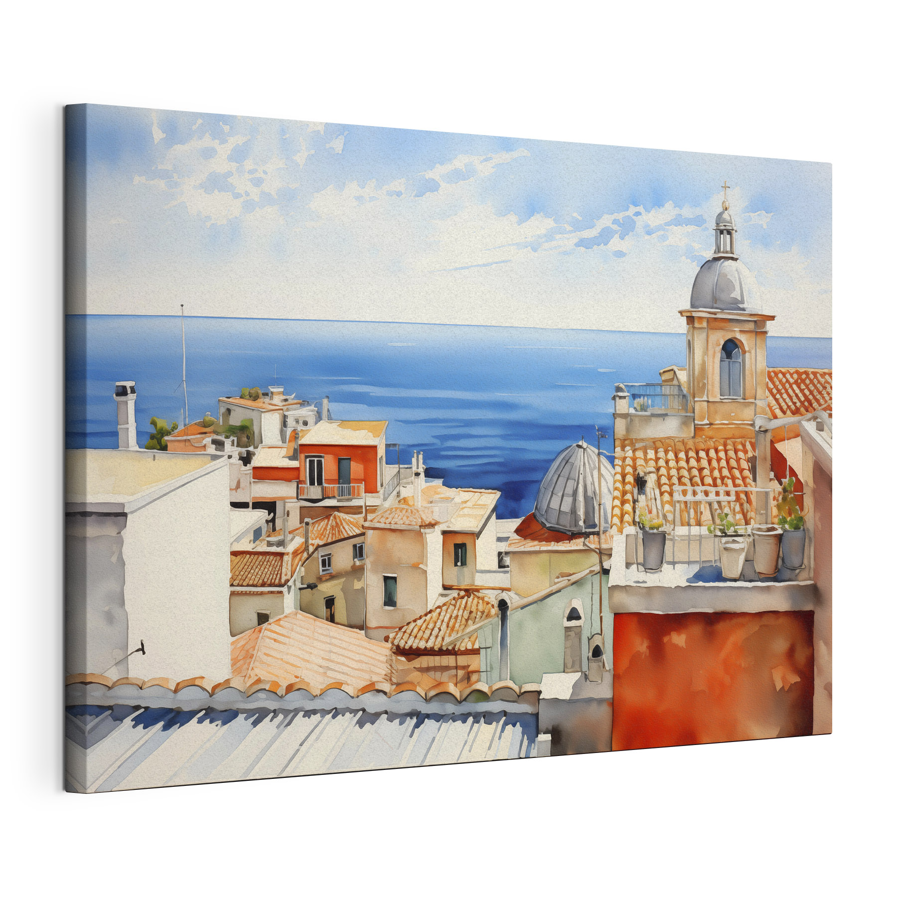 Watercolor of a city with a large body of water