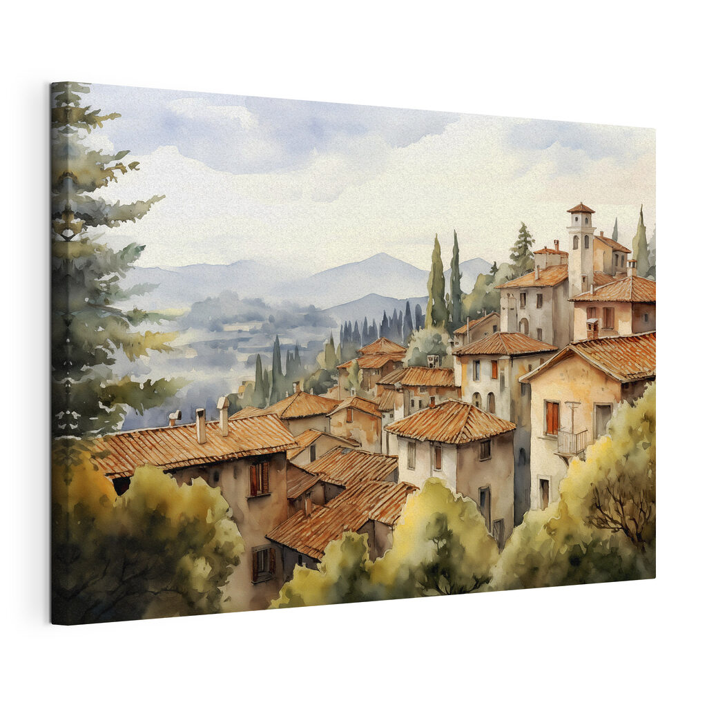 Watercolor painting of a town with many buildings and trees Watercolor painting of a town with many buildings and trees