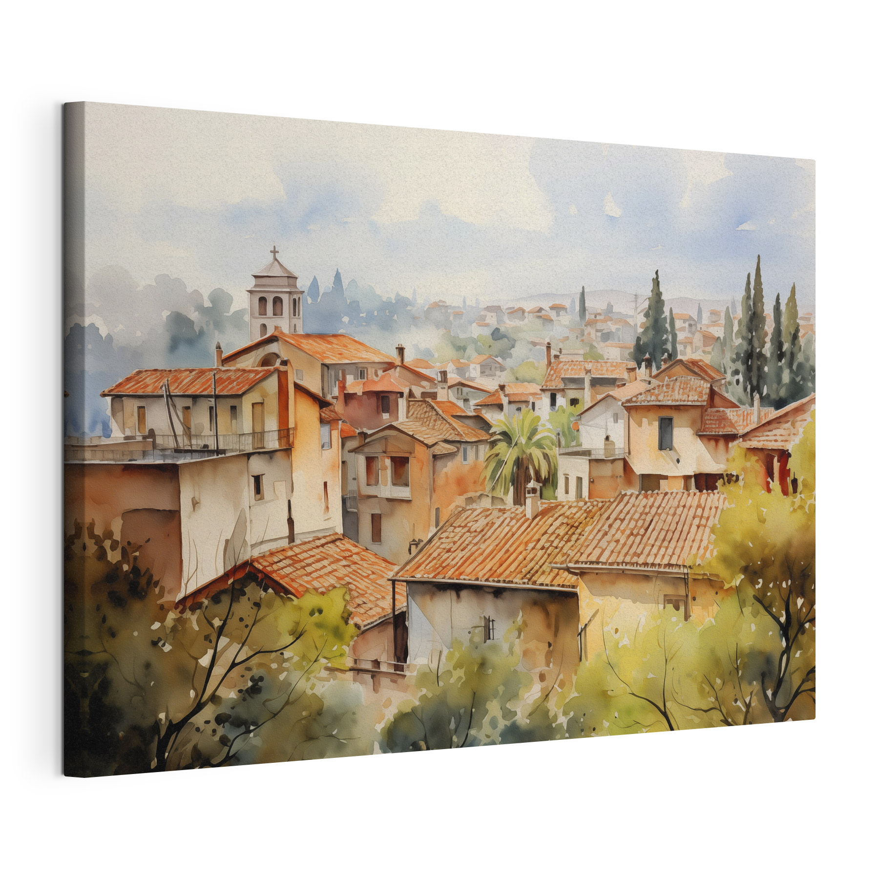 Watercolor of a town with many buildings and trees Watercolor of a town with many buildings and trees