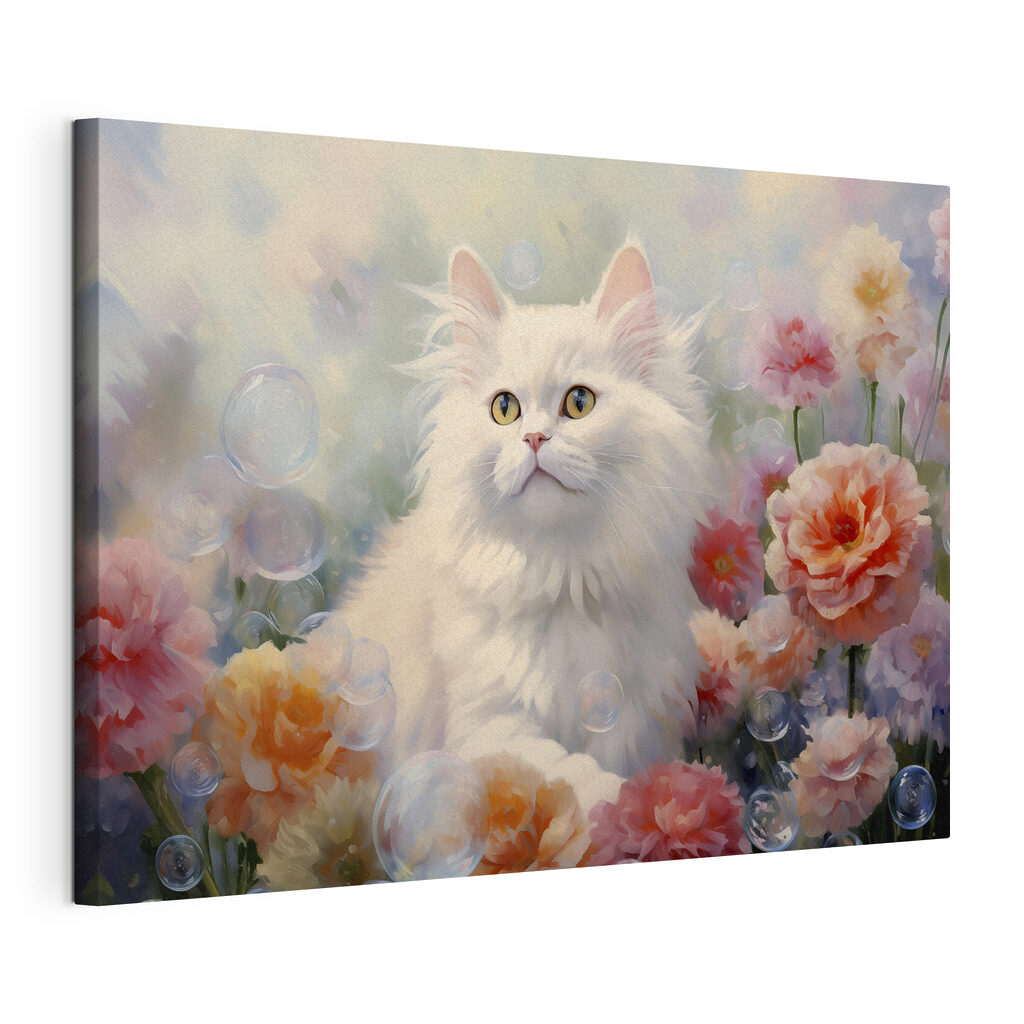 White cat surrounded by flowers and bubbles White cat surrounded by flowers and bubbles