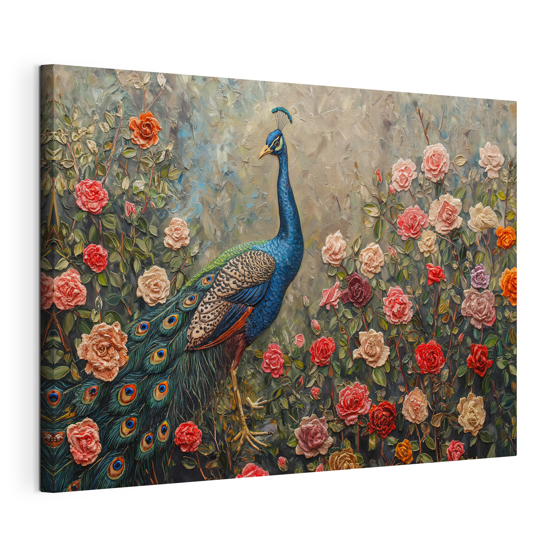Painting of a peacock surrounded by flowers Painting of a peacock surrounded by flowers