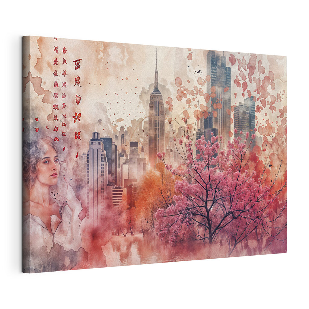 Pink tree with pink leaves in front of a city Pink tree with pink leaves in front of a city