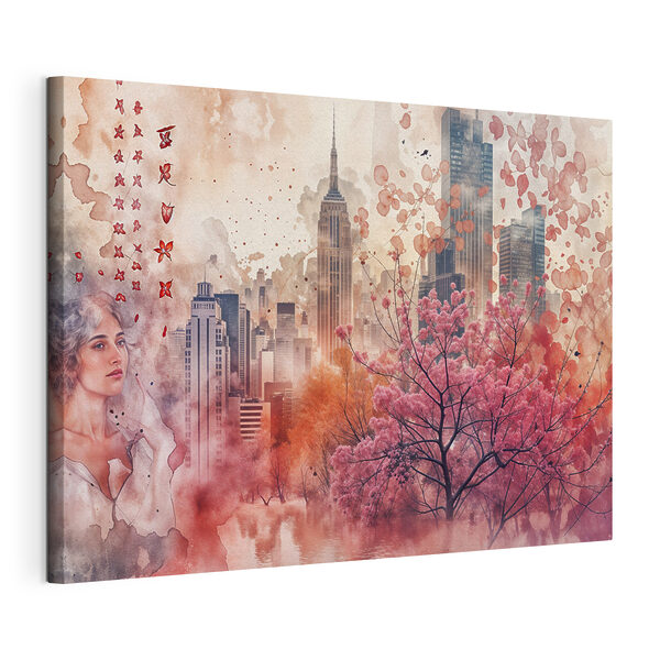Cuadros Árbol rosa con hojas rosas frente a una ciudad (SKU: s40026) Cuadros Cuadros Árbol rosa con hojas rosas frente a una ciudad (SKU: s40026)
