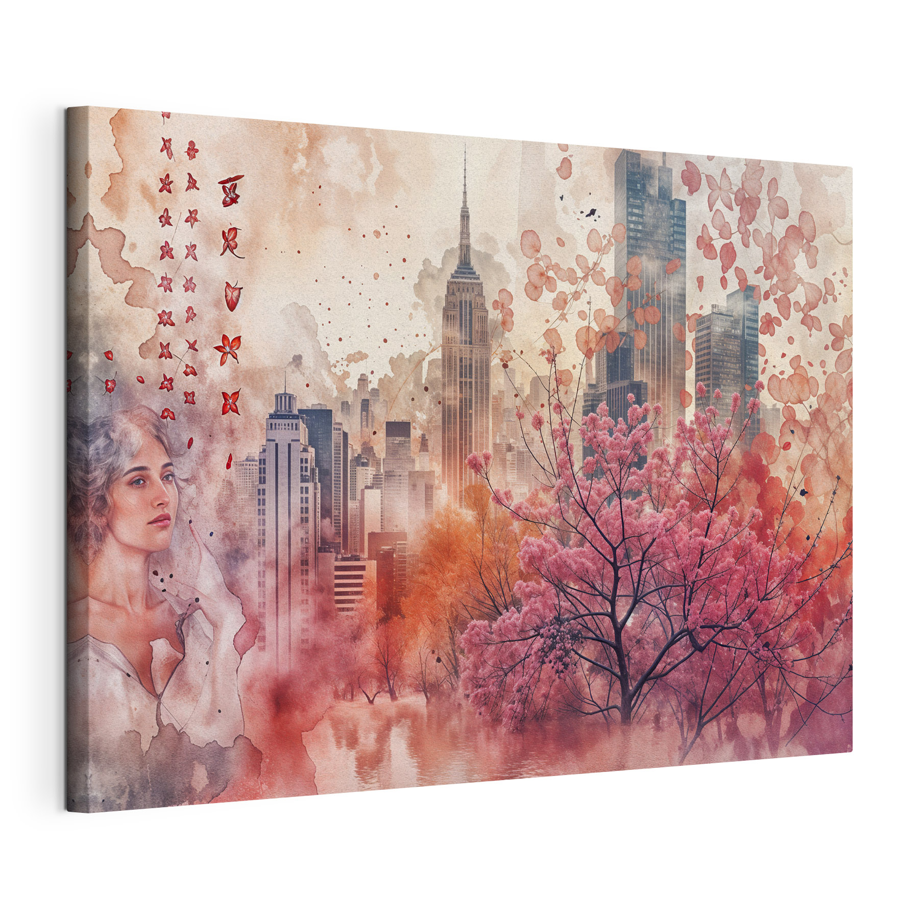 Pink tree with pink leaves in front of a city Pink tree with pink leaves in front of a city