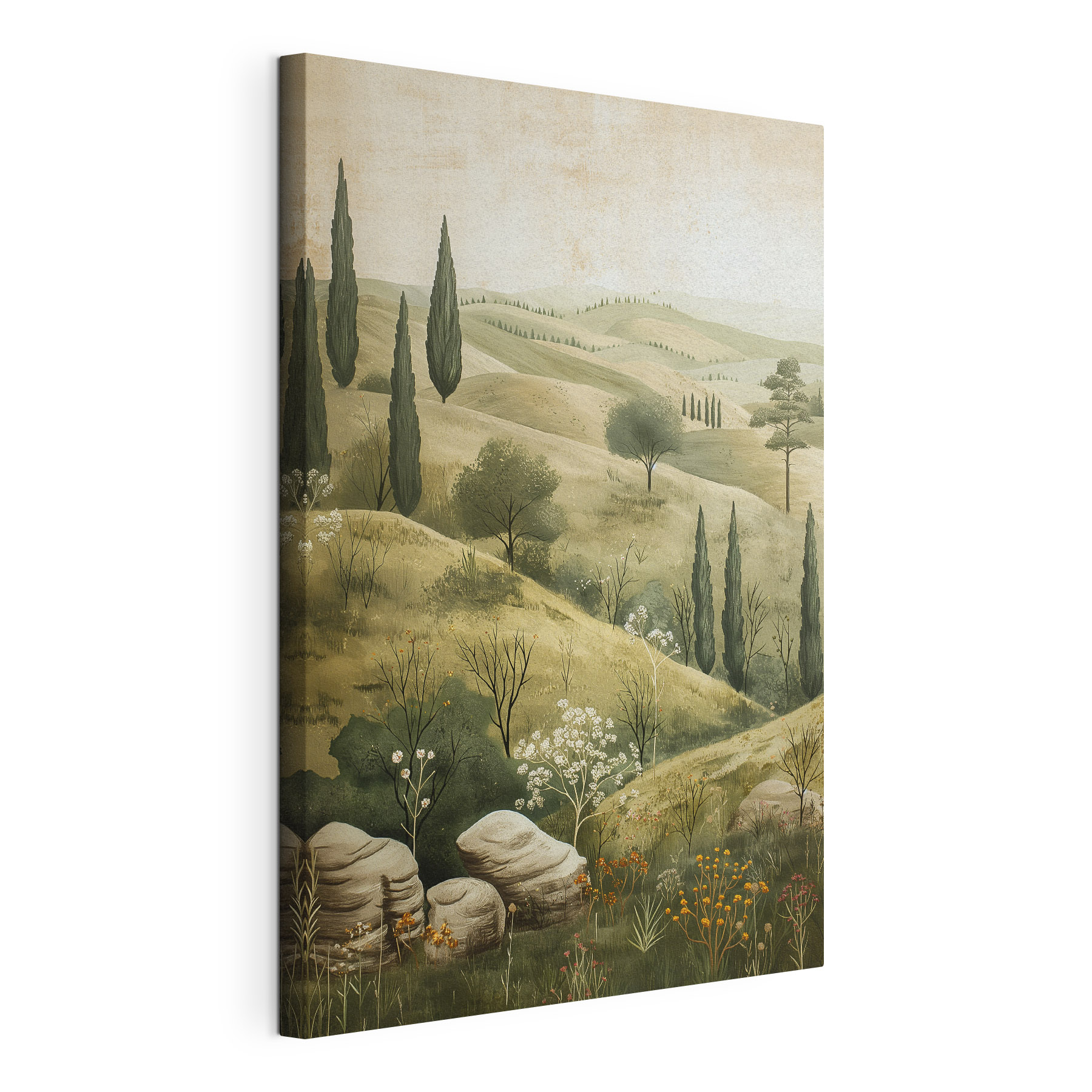 Painting of a landscape with trees and hills Painting of a landscape with trees and hills