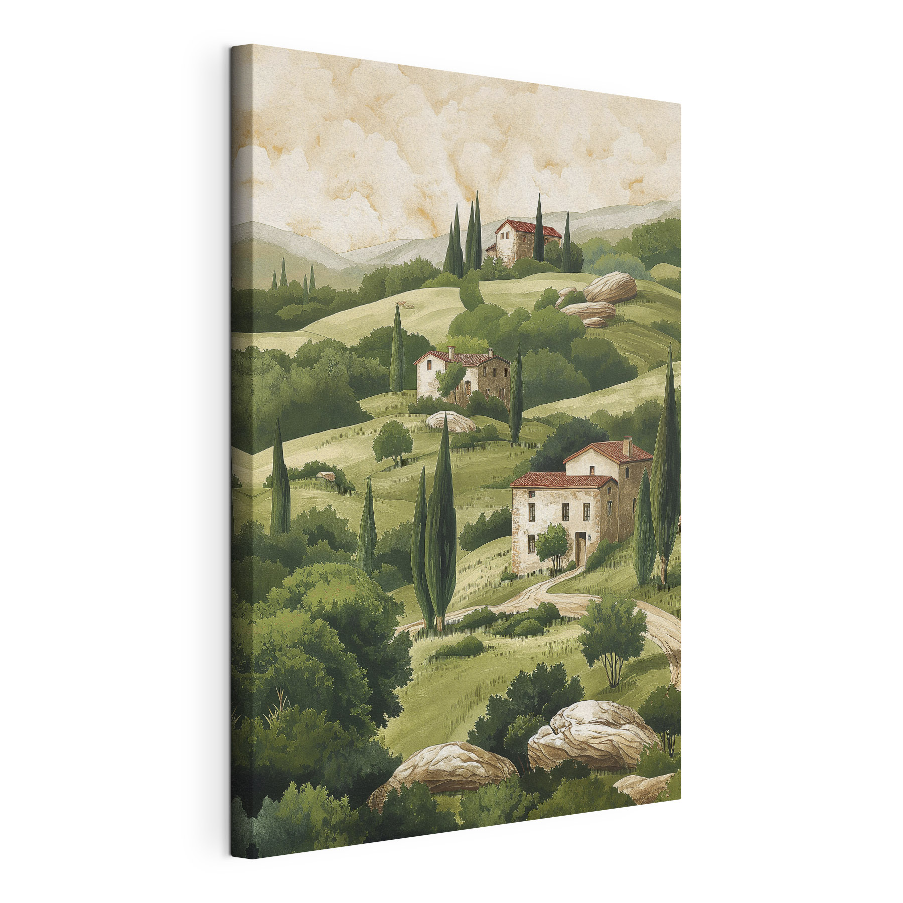 Painting of a landscape with houses and trees Painting of a landscape with houses and trees