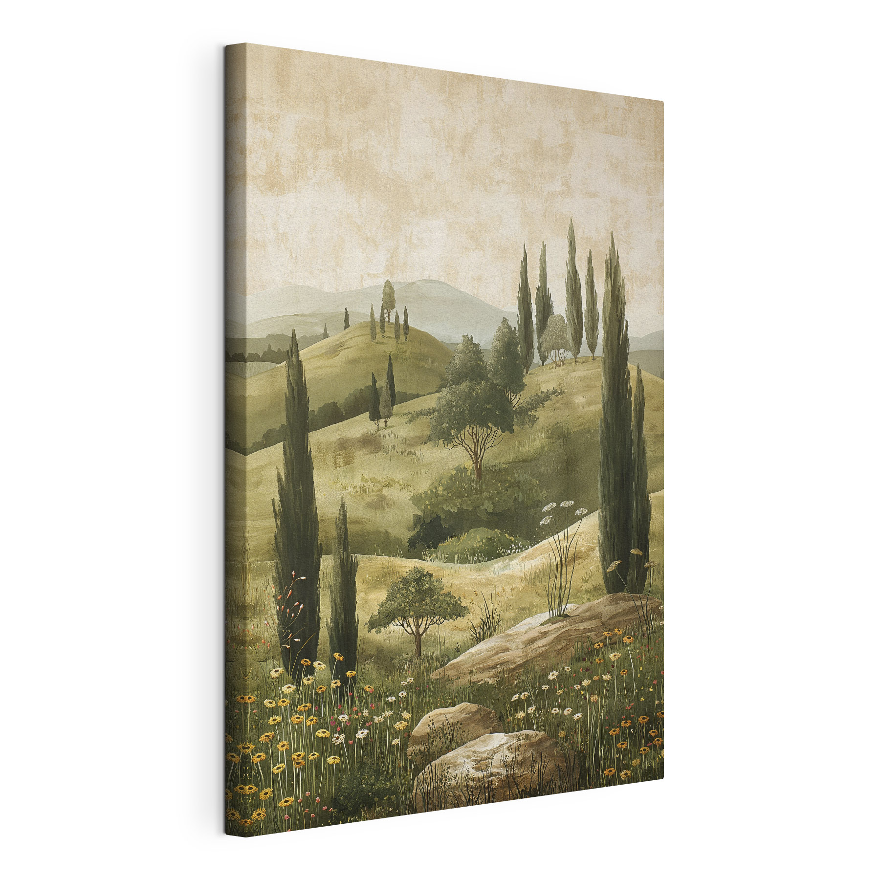 Painting of a landscape with trees and hills Painting of a landscape with trees and hills