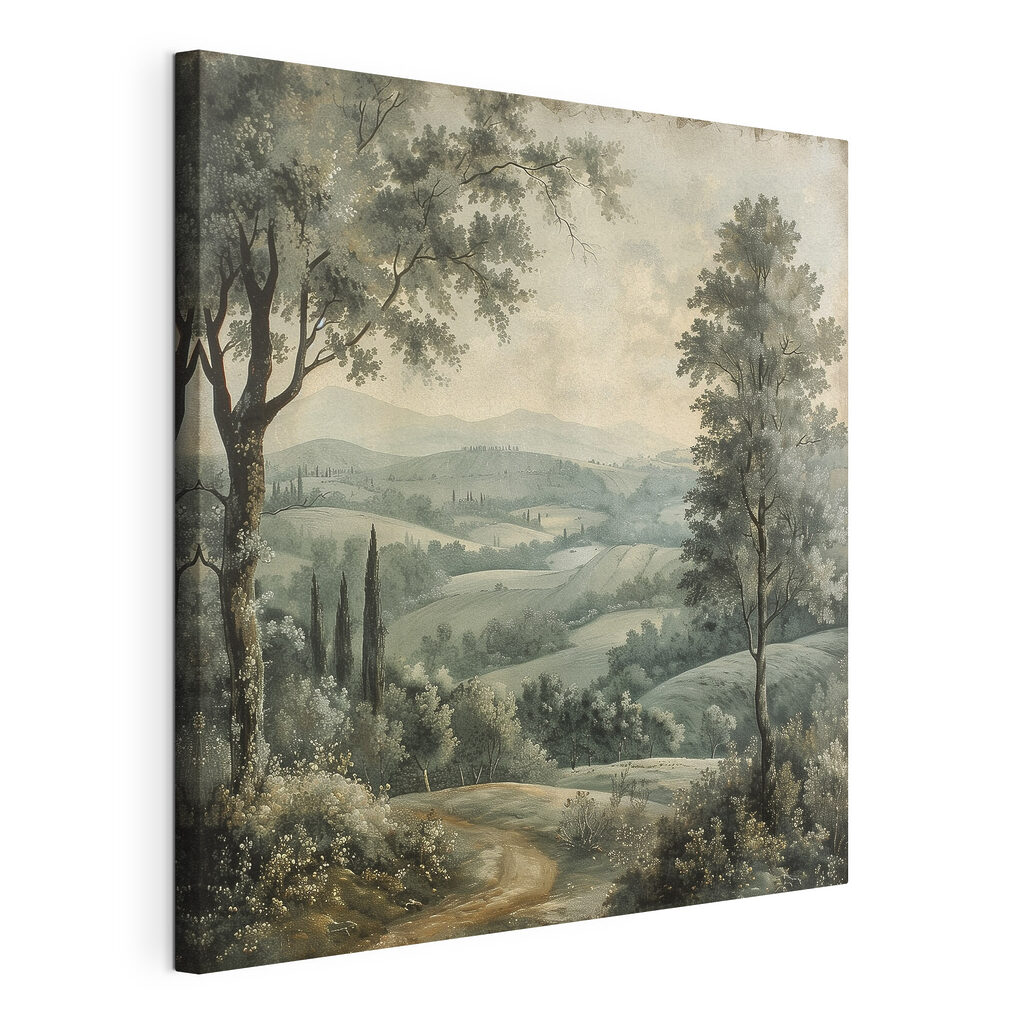 Painting of a landscape with trees and hills