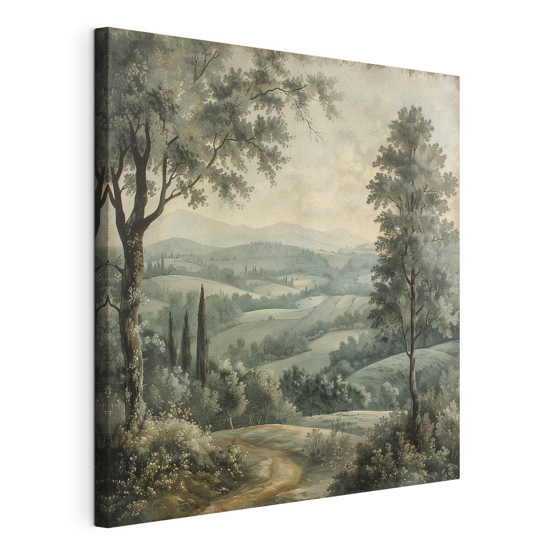 Painting of a landscape with trees and hills