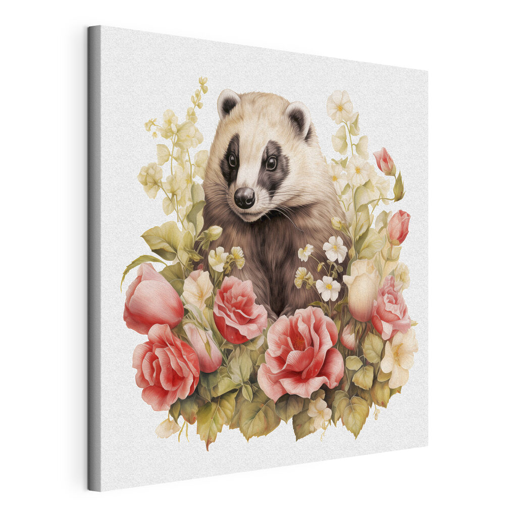 Raccoon surrounded by flowers