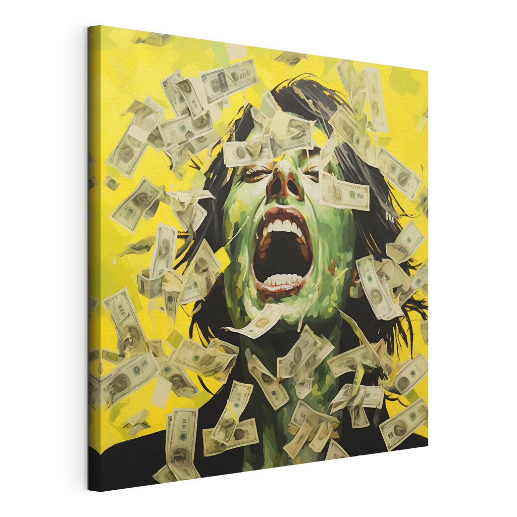 Woman with green face and money falling from her face
