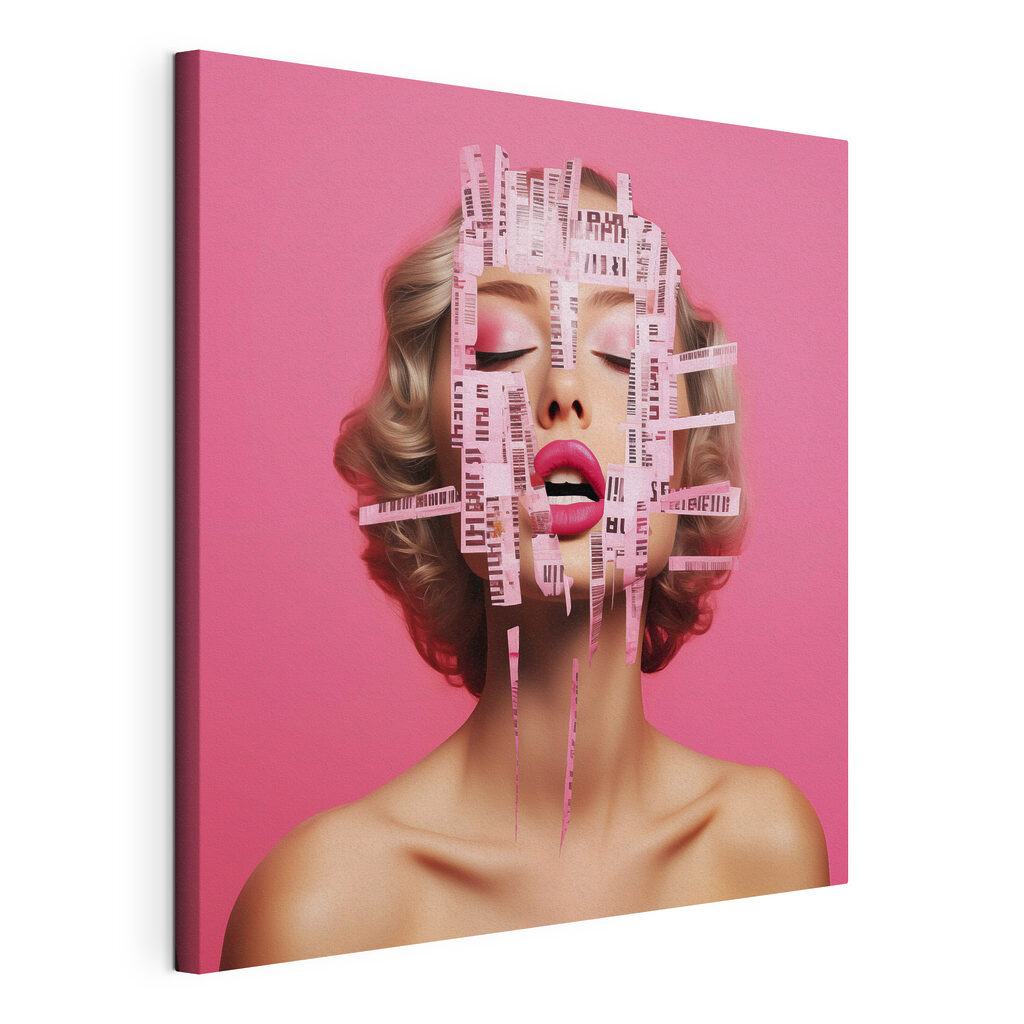 Woman with pink paper strips over her face