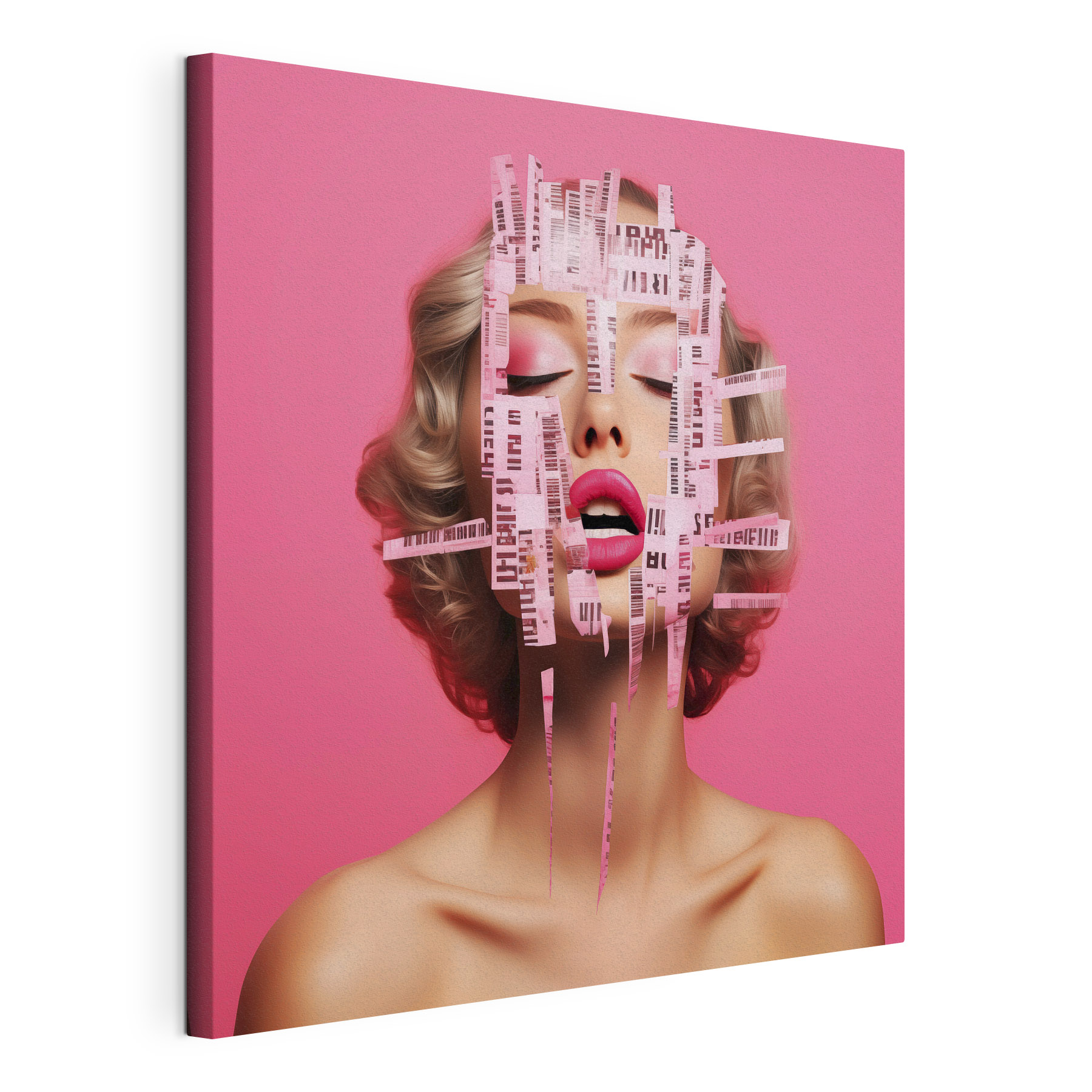 Woman with pink paper strips over her face