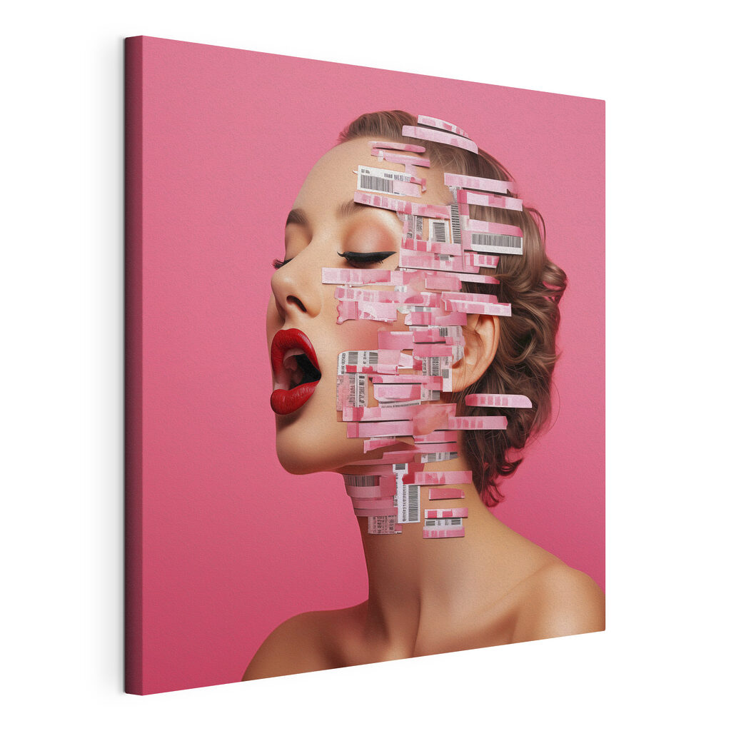Woman with red lipstick and red lips with paper strips on her face Woman with red lipstick and red lips with paper strips on her face