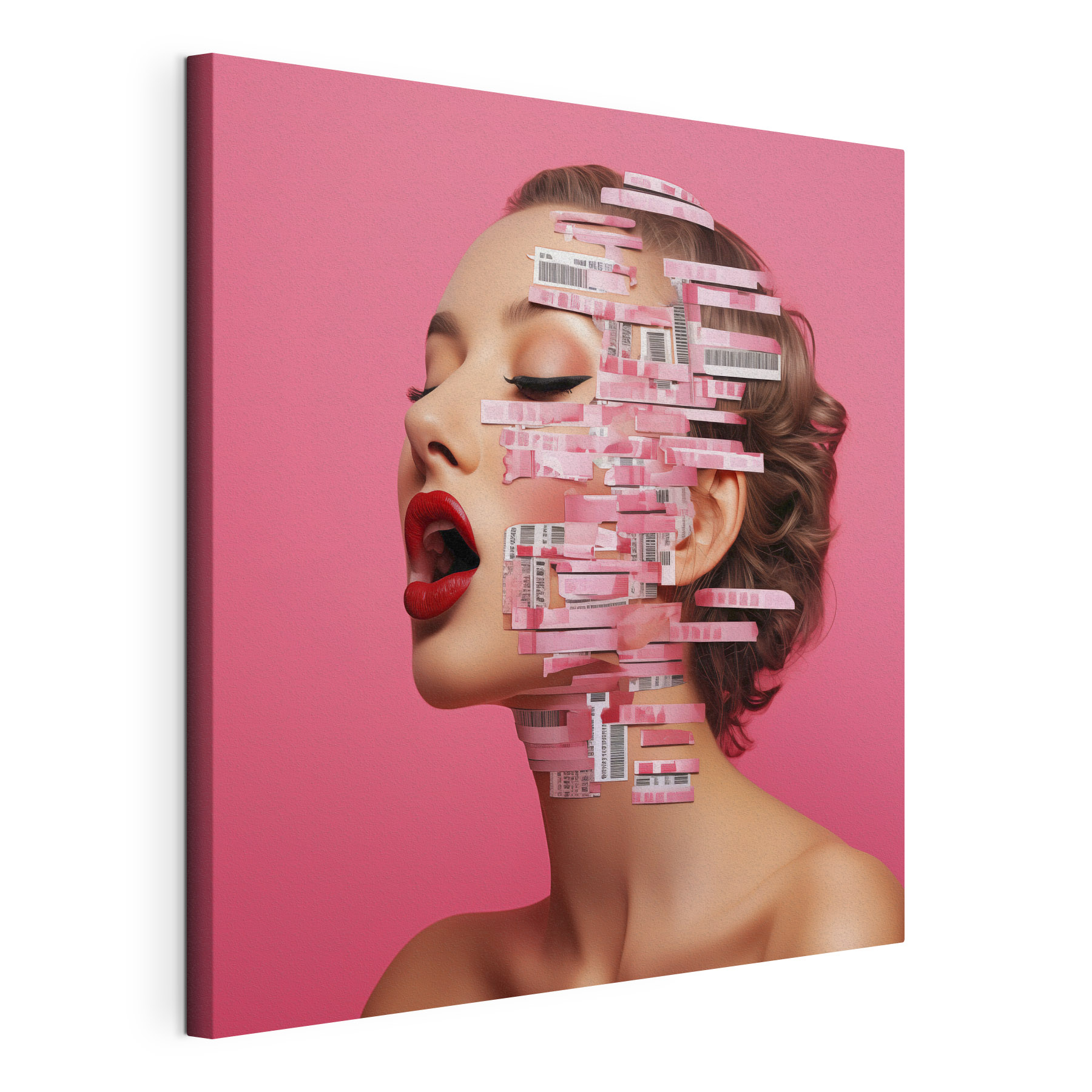 Woman with red lipstick and red lips with paper strips on her face Woman with red lipstick and red lips with paper strips on her face