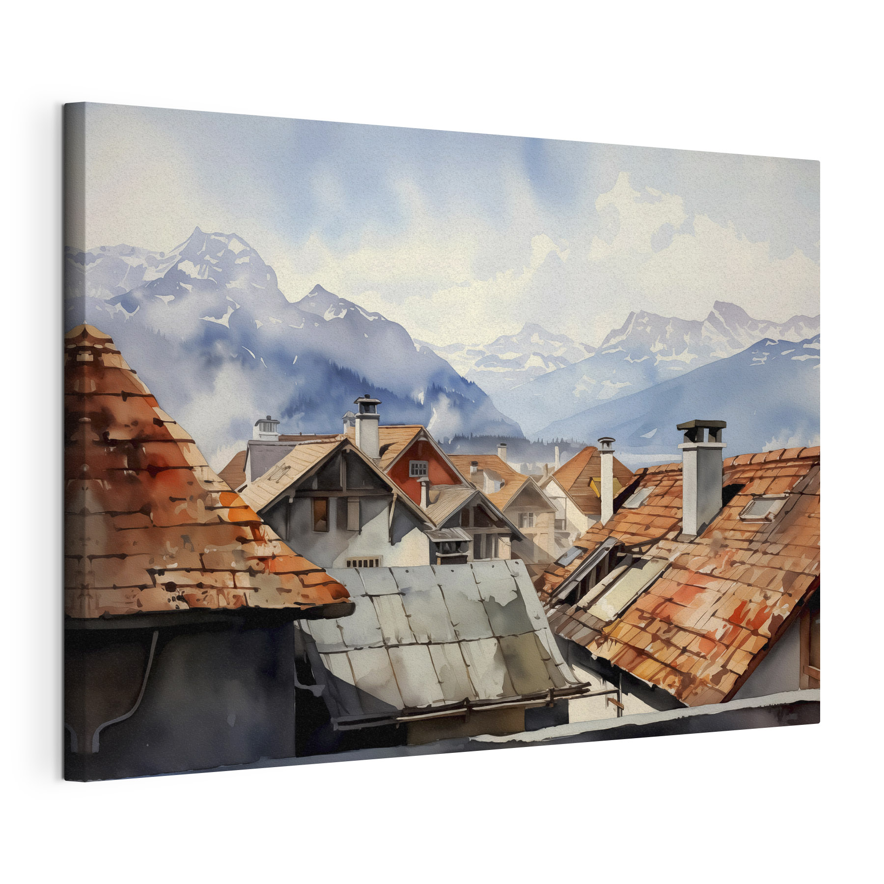 Group of houses with roofs and mountains in the background Group of houses with roofs and mountains in the background