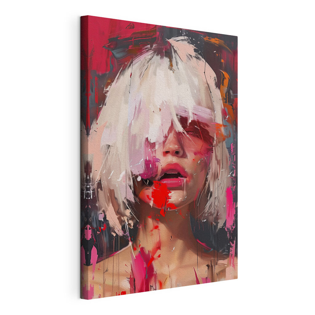Woman with white hair and pink paint