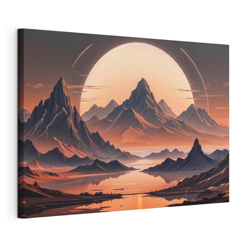 Landscape of mountains and water with a large moon