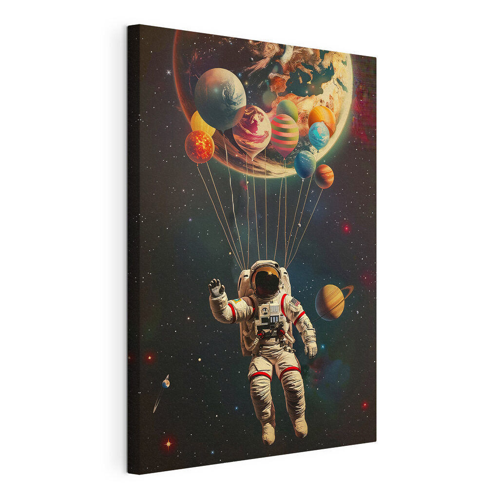 An astronaut floating in space with balloons An astronaut floating in space with balloons