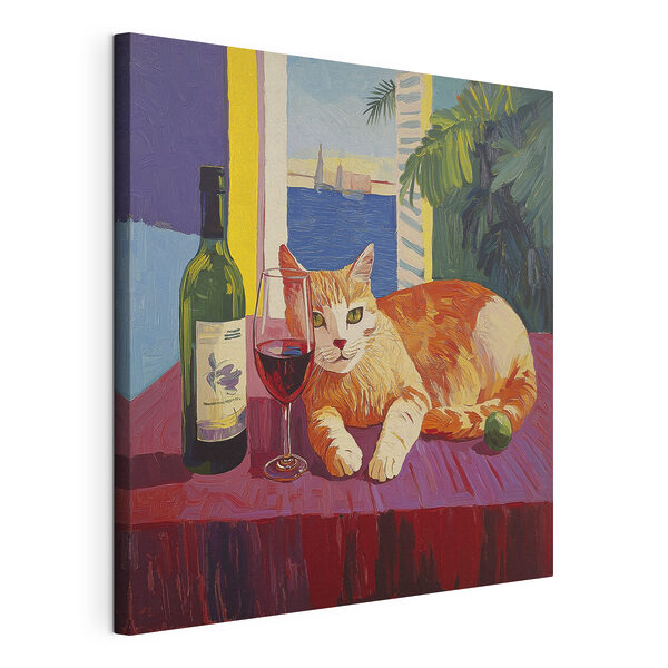 Un gato tumbado sobre una mesa junto a una botella de vino Cuadros Un gato tumbado sobre una mesa junto a una botella de vino