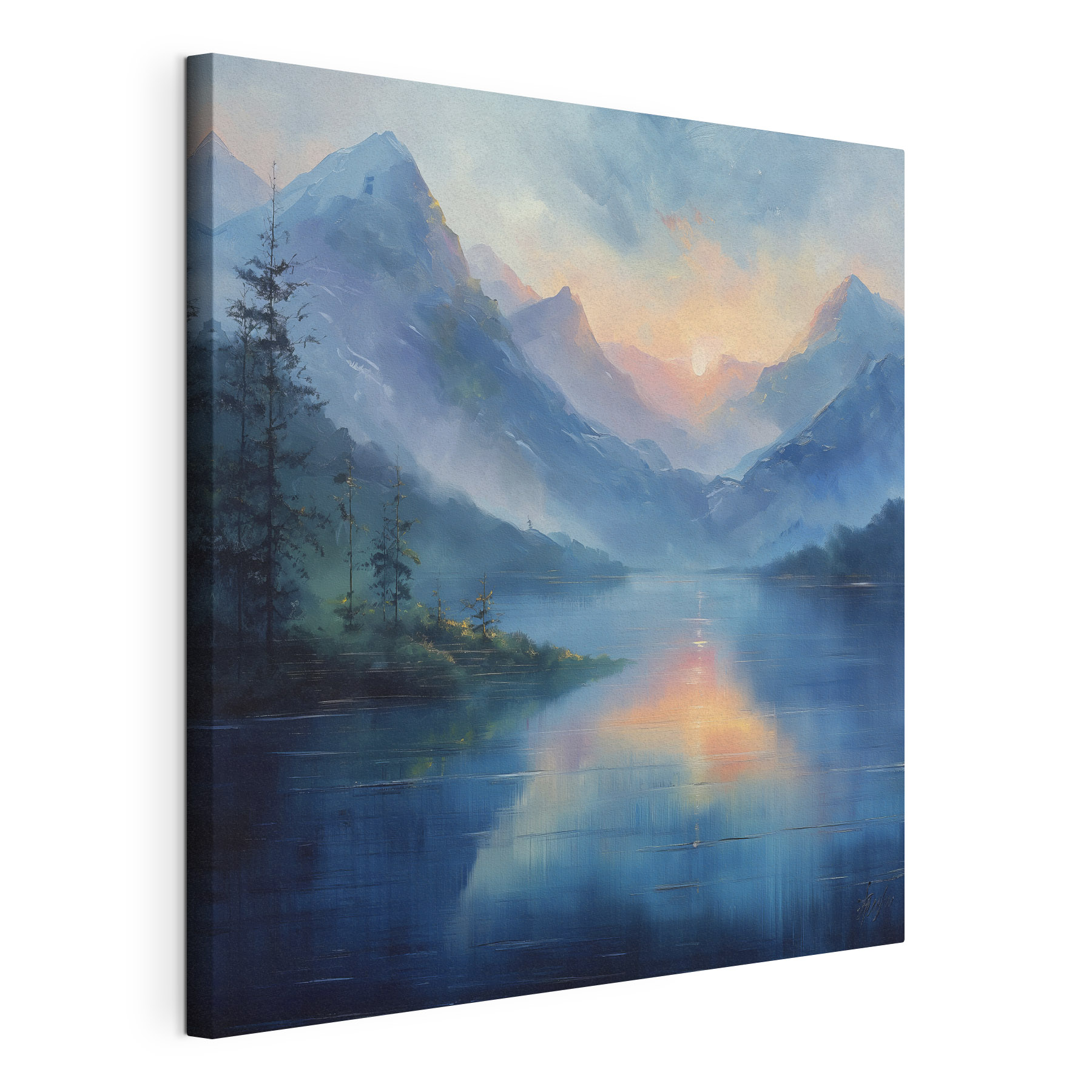Painting of a lake with mountains and trees Painting of a lake with mountains and trees