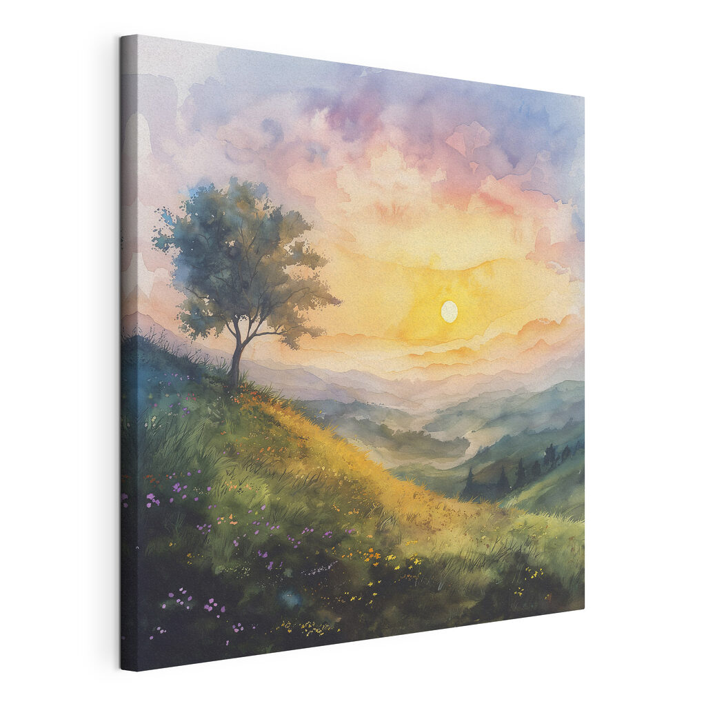 Painting of a landscape with a tree and flowers Painting of a landscape with a tree and flowers