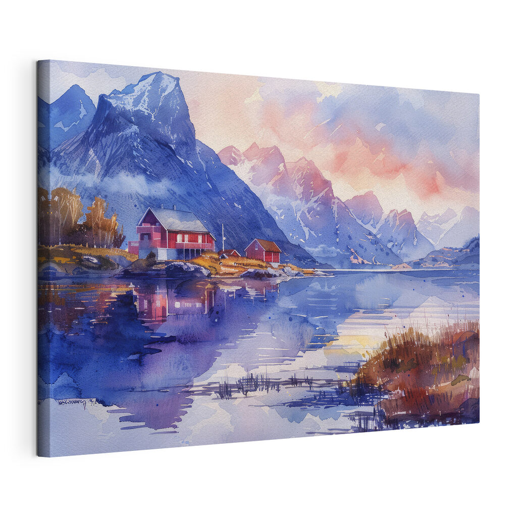 Watercolor painting of a house on a hill next to a lake